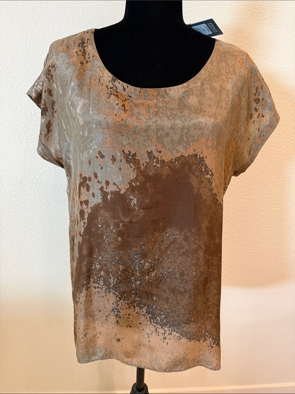 Eileen Fisher Sea Spray Printed Silk Copper Taupe Short Sleeve Scoop Neck Top